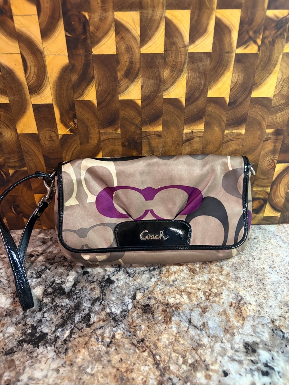 Coach Signature Clutch in Taupe with Purple Accents